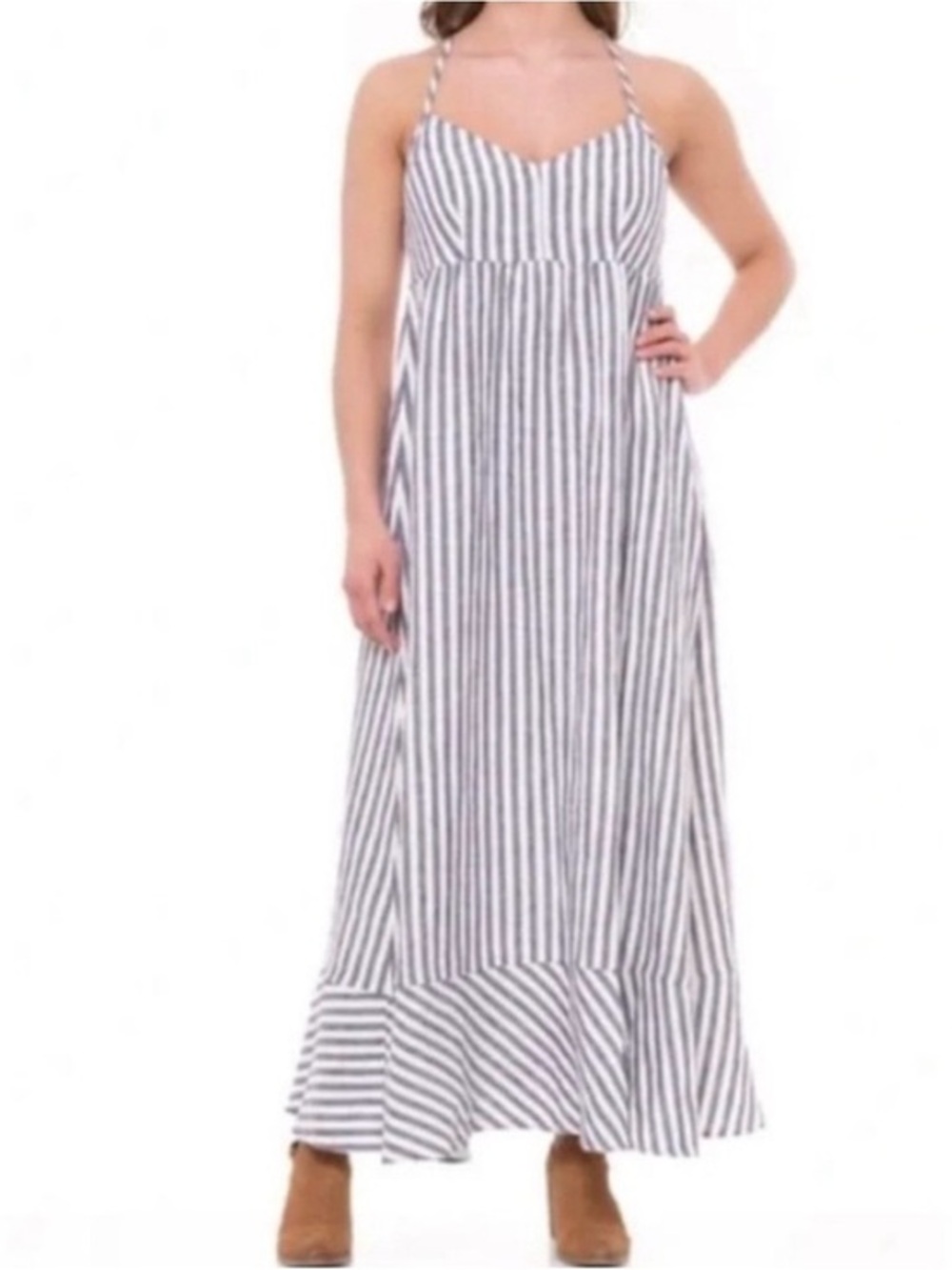 ANTIBES BLANC 100% Linen Sleeveless Stripe Maxi Dress Sz 6